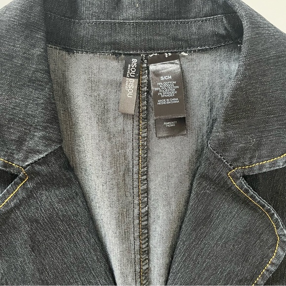Bisou Bisou Dark Blue Denim Trench Coat Jean Jacket Contrast Stitch Button Small - Picture 10 of 13
